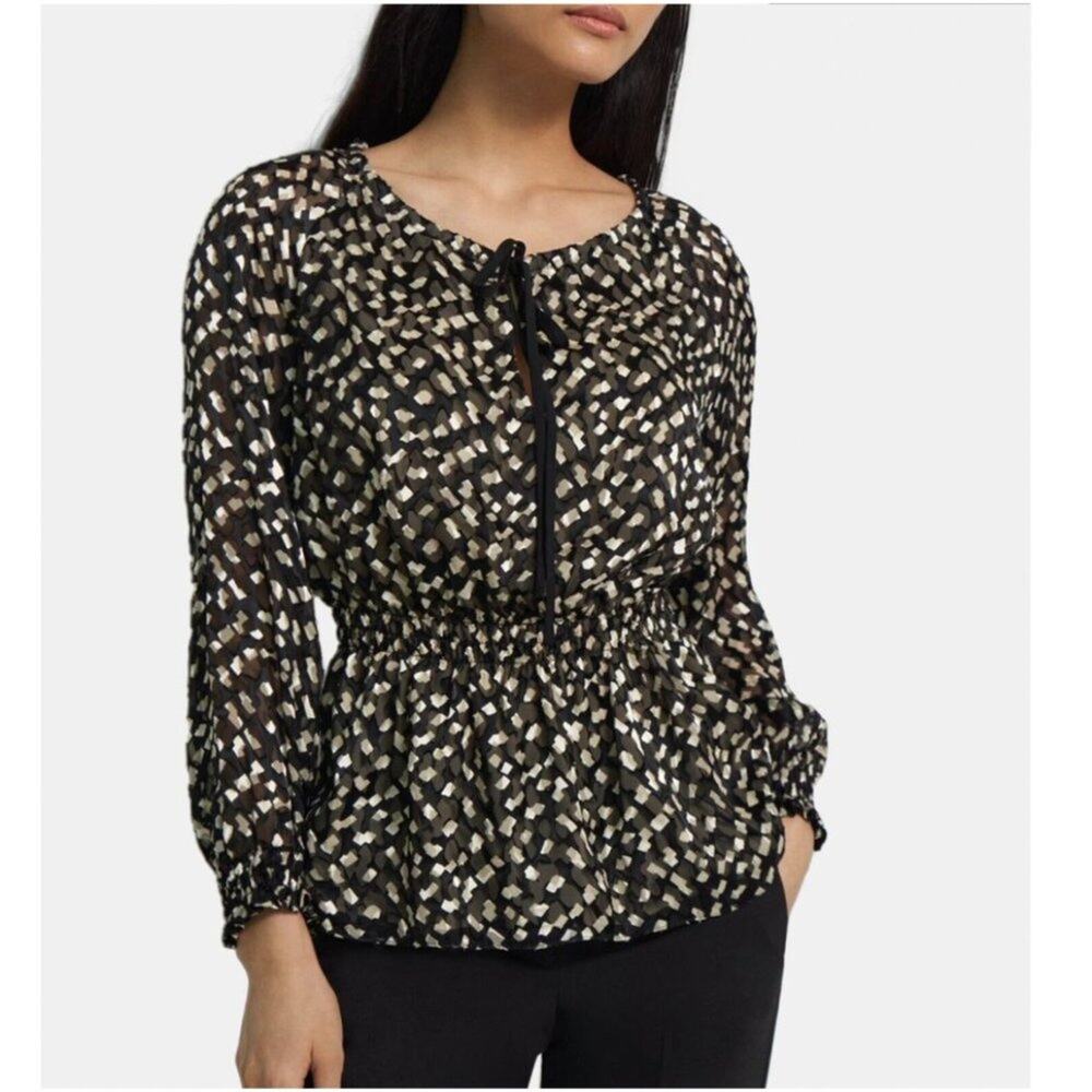 Theory Silk Geometric Burnout Blouse in Black Multi